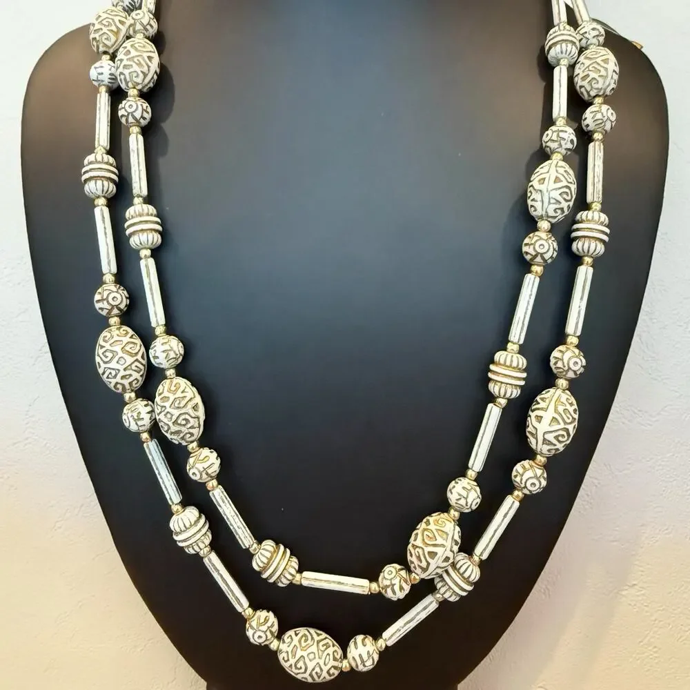 Vintage 1960s Plastic Bead Necklace White Gold Scroll Motif Geometric Tube Beads